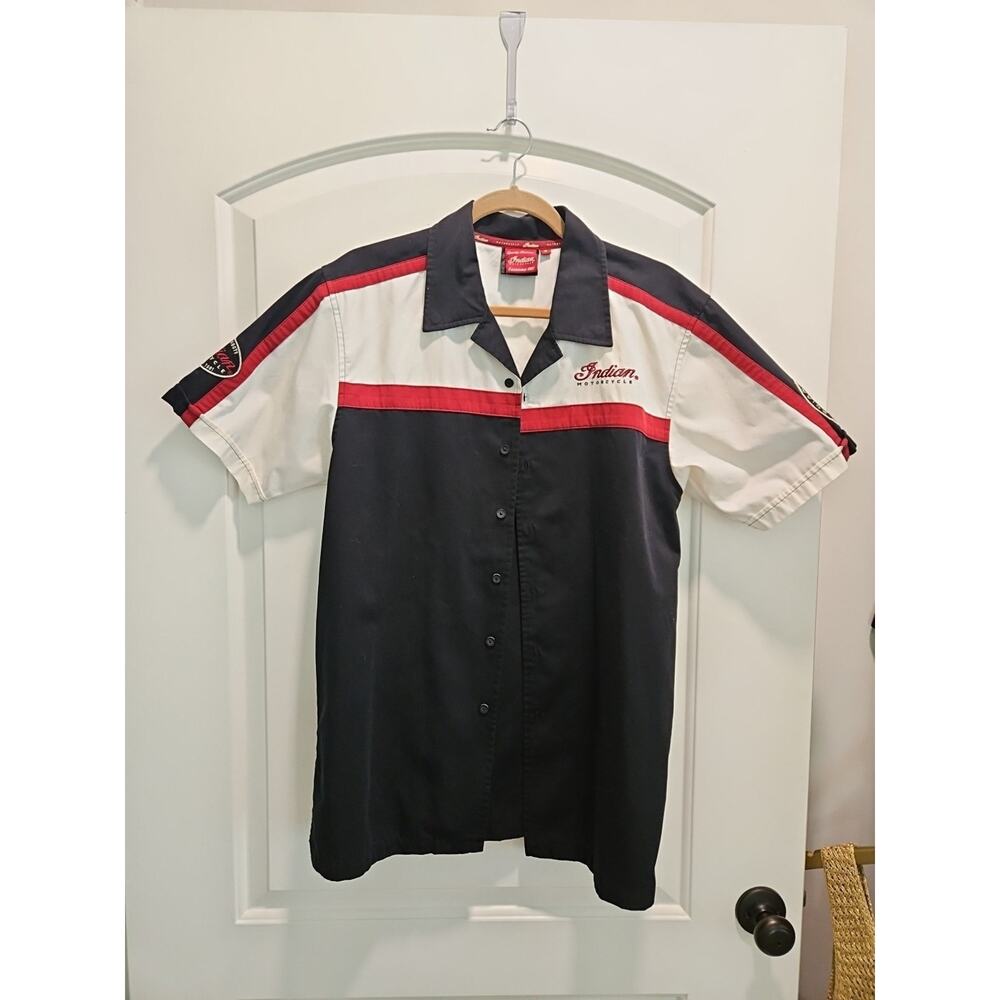 Indian Motorcycle Sz S Button Up Shirt Collared Black Cream Red Biker Garage LN
